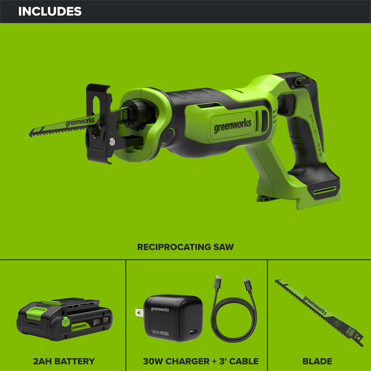 24V PowerAll Pro 1-1/4" Reciprocating Saw with Blade, 2.0 Ah USB-C Battery and 30W USB-C Fast Charger,3,200 SPM