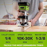 24V PowerAll Compact Router, Tool Only, with Edge Guide, Flush Trim Bit, Socket and Collet Wrenches, Bit Holder and Vacuum Dust Adaptor