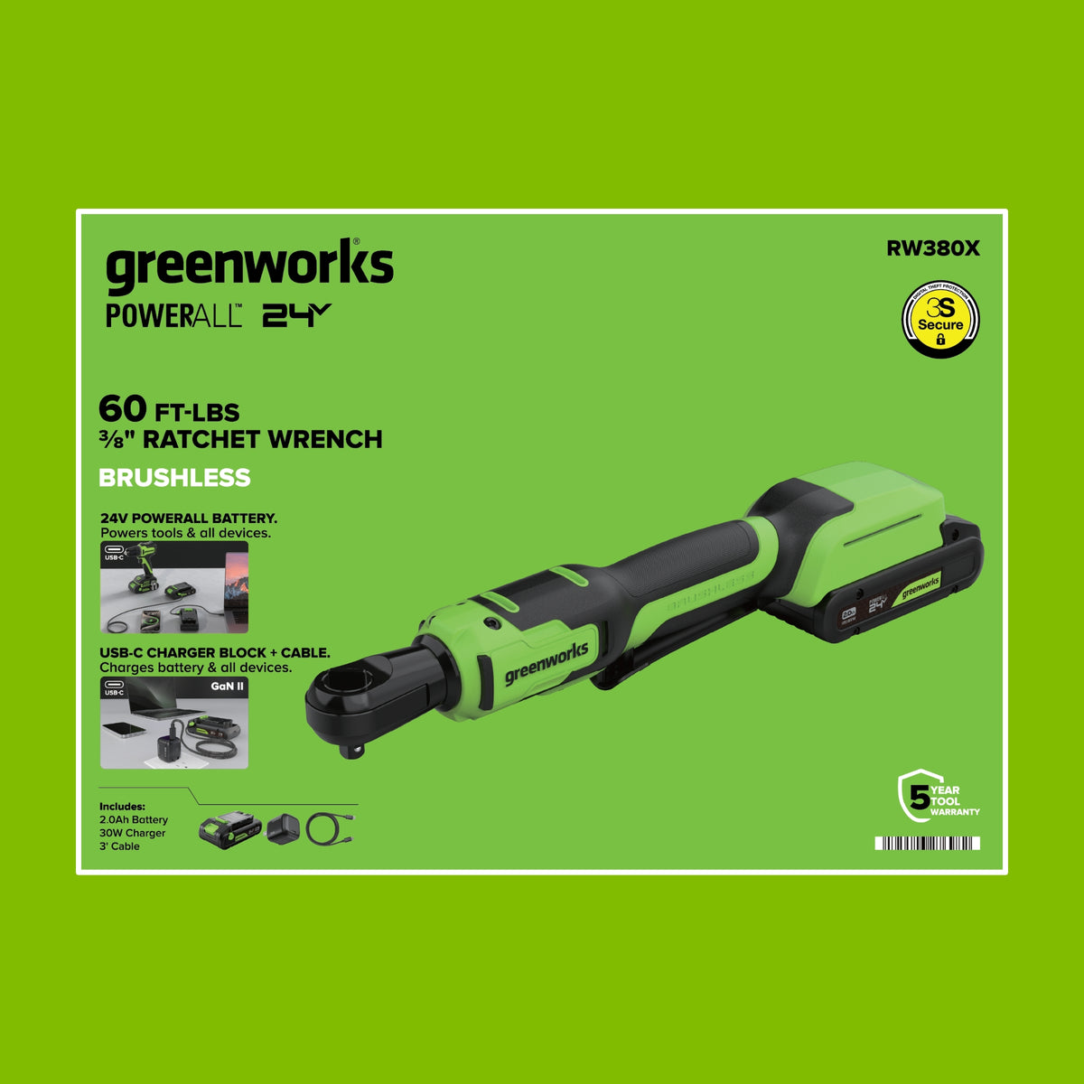 24V 3-Series Cordless Battery Ratcheting Wrench: (1) 2Ah Battery and 30W Charger