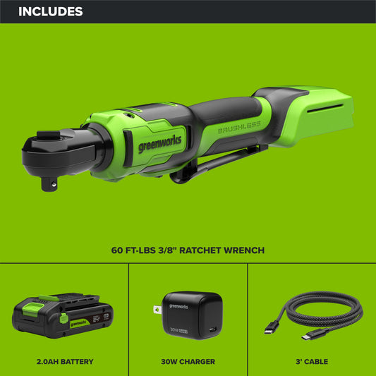 24V 3-Series Cordless Battery Ratcheting Wrench: (1) 2Ah Battery and 30W Charger