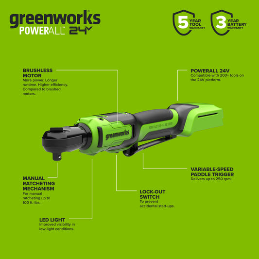 24V 3-Series Cordless Battery Ratcheting Wrench: (1) 2Ah Battery and 30W Charger