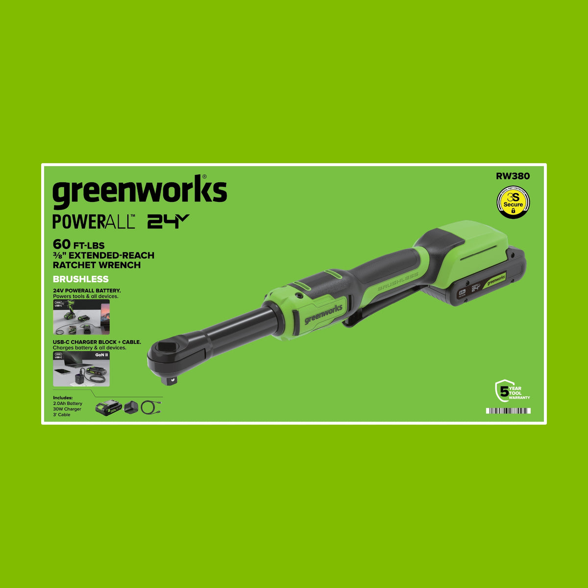 24V 3-Series Cordless Battery Extended Ratcheting Wrench: (1) 2Ah Battery and 30W Charger
