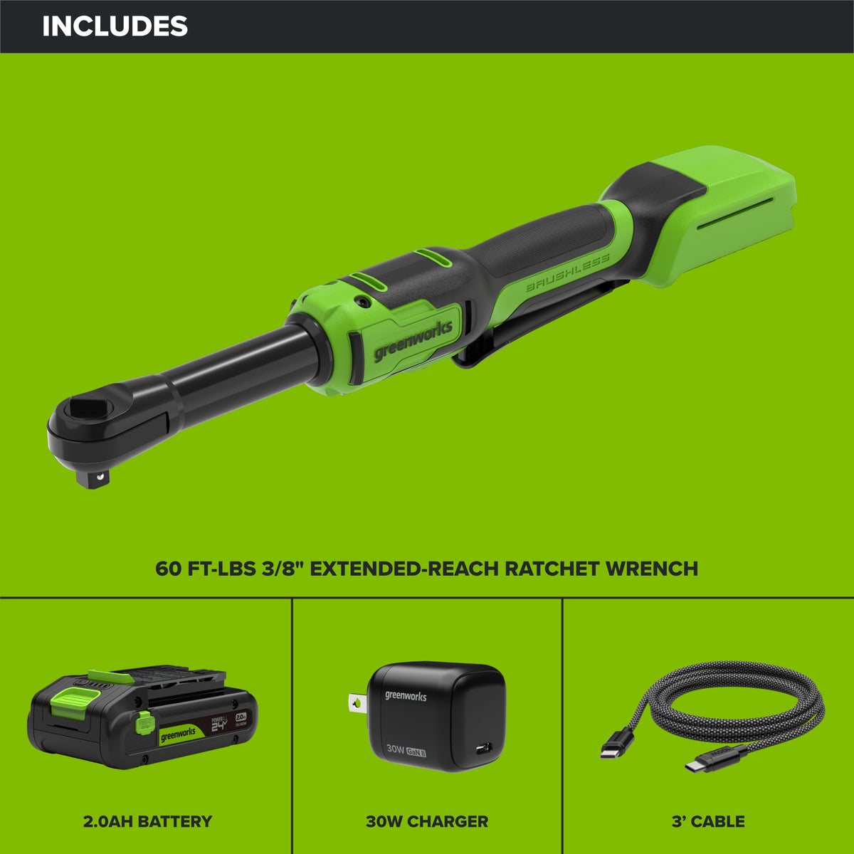 24V 3-Series Cordless Battery Extended Ratcheting Wrench: (1) 2Ah Battery and 30W Charger
