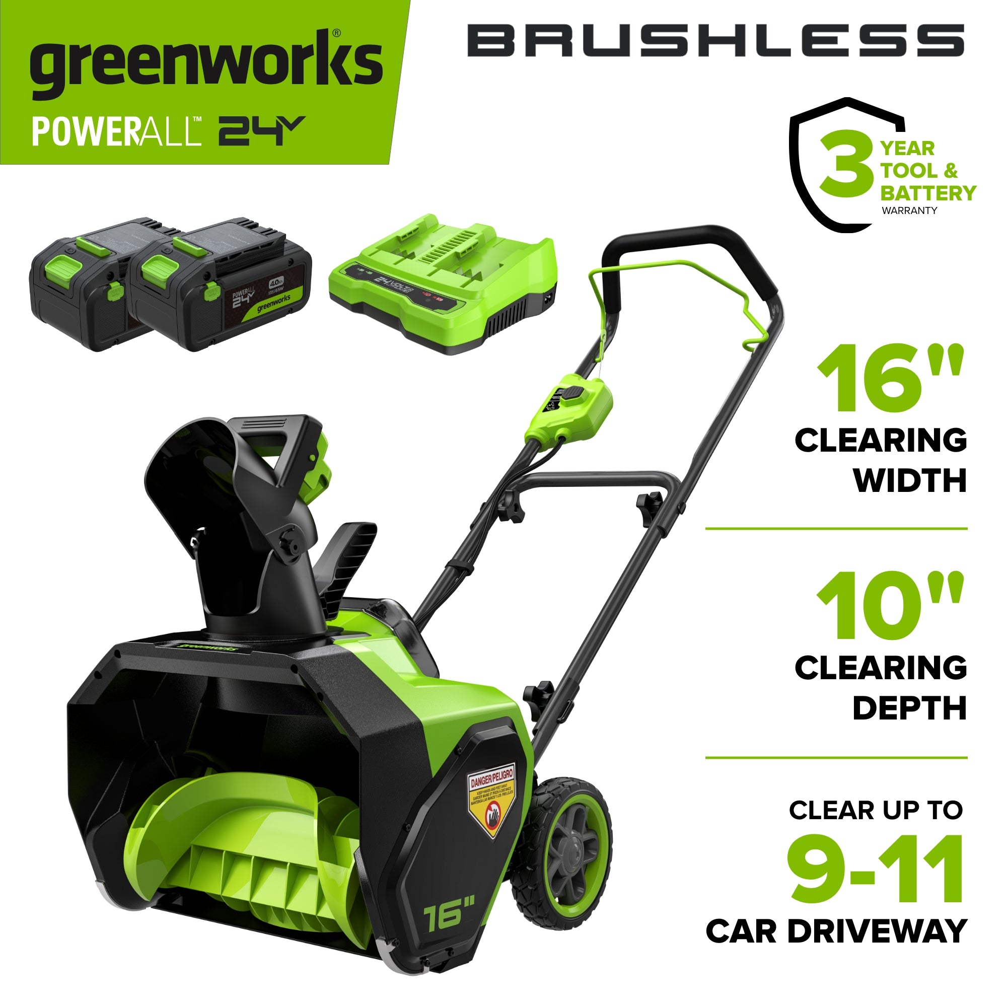 48V (24V x 2) 16" Cordless Battery Snow Blower: (2) 4.0 Ah Batteries and Charger