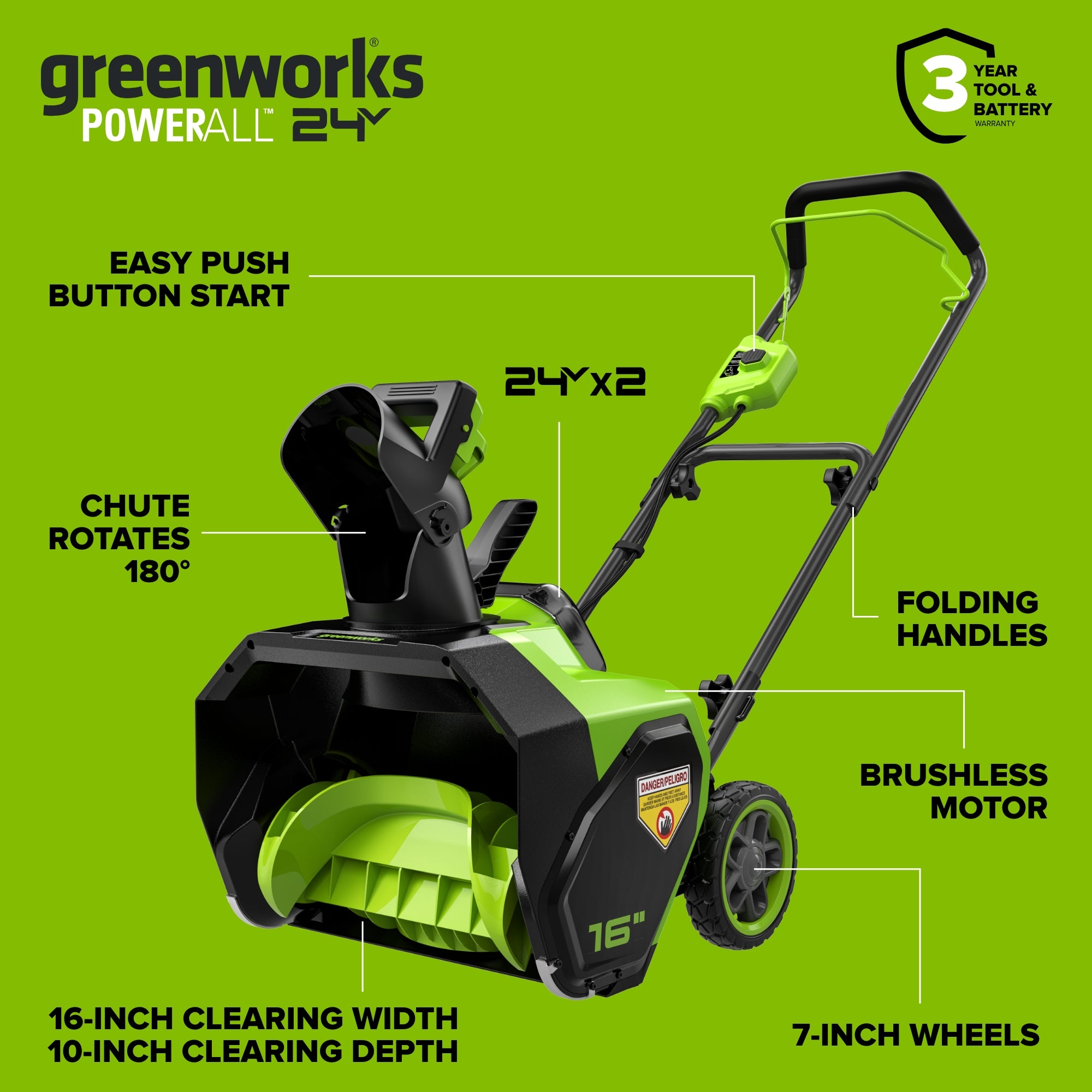 48V (24V x 2) 16" Cordless Battery Snow Blower: (2) 4.0 Ah Batteries and Charger