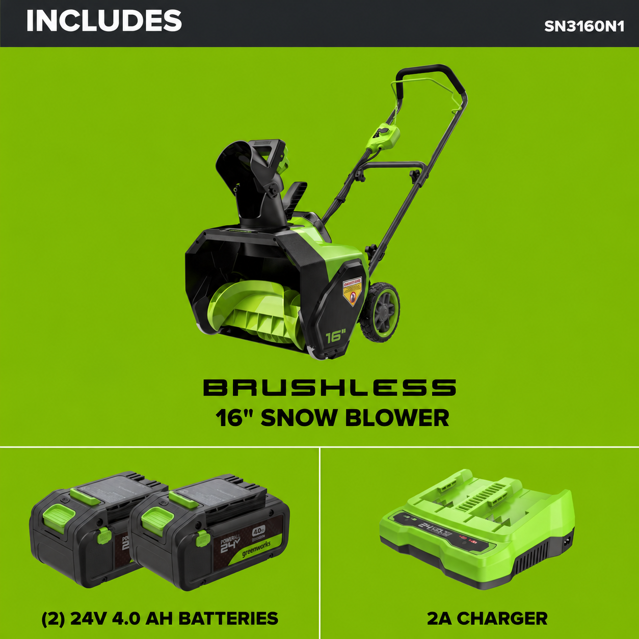 48V (24V x 2) 16" Cordless Battery Snow Blower: (2) 4.0 Ah Batteries and Charger
