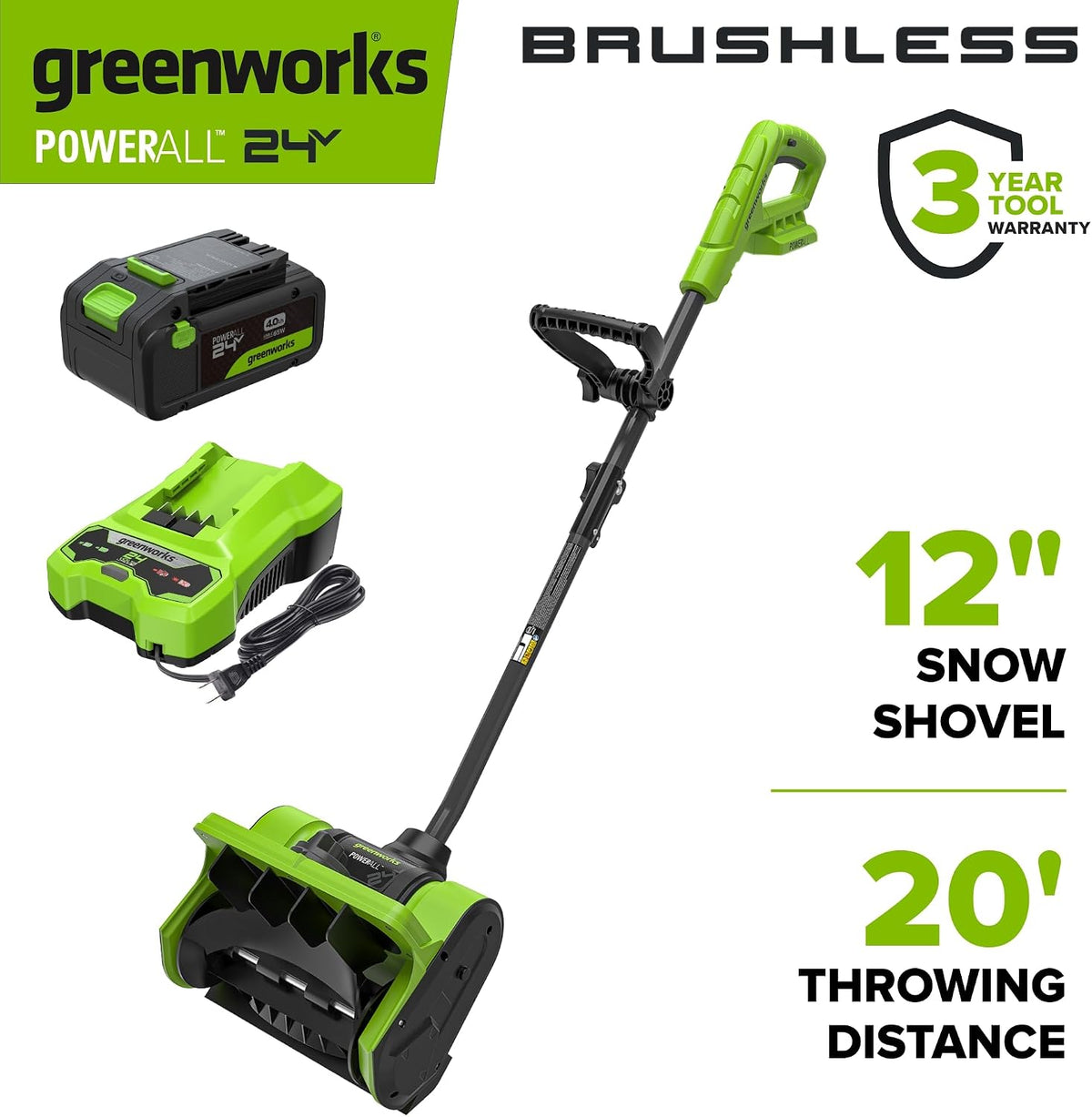 24V 12" Cordless Battery Snow Shovel with Directional Vanes: (1) 24V 4.0 Ah Battery, (1) 2A Charger