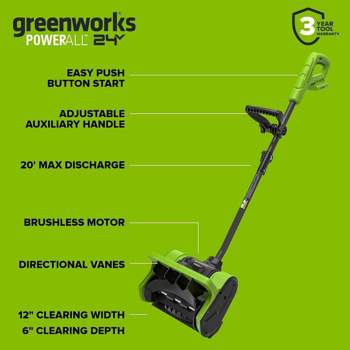 24V 12" Cordless Battery Snow Shovel with Directional Vanes: (1) 24V 4.0 Ah Battery, (1) 2A Charger