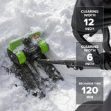 24V 12" Cordless Battery Snow Shovel with Directional Vanes: (1) 24V 4.0 Ah Battery, (1) 2A Charger
