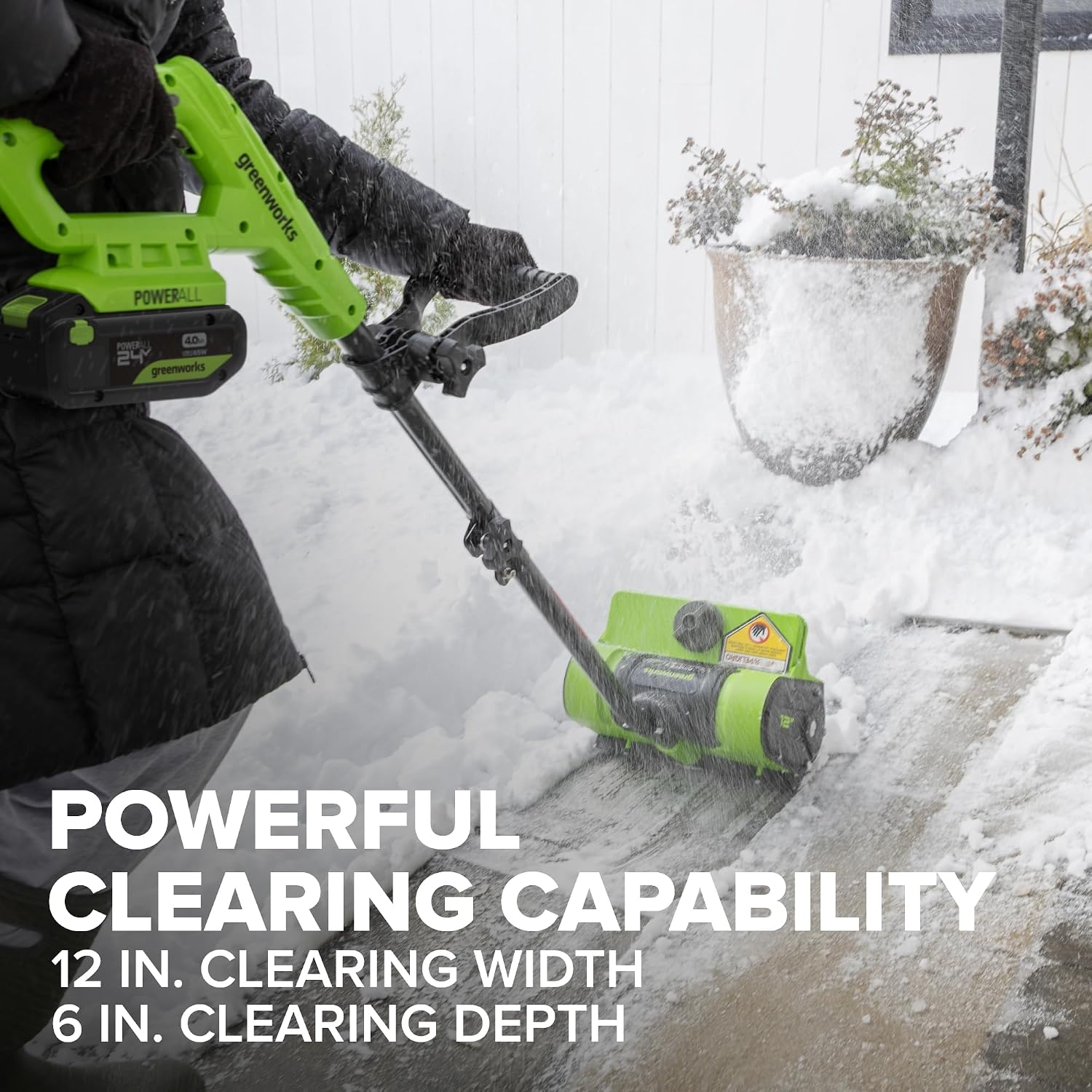 24V 12" Cordless Battery Snow Shovel with Directional Vanes: (1) 24V 4.0 Ah Battery, (1) 2A Charger