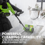 24V 12" Cordless Battery Snow Shovel with Directional Vanes: (1) 24V 4.0 Ah Battery, (1) 2A Charger