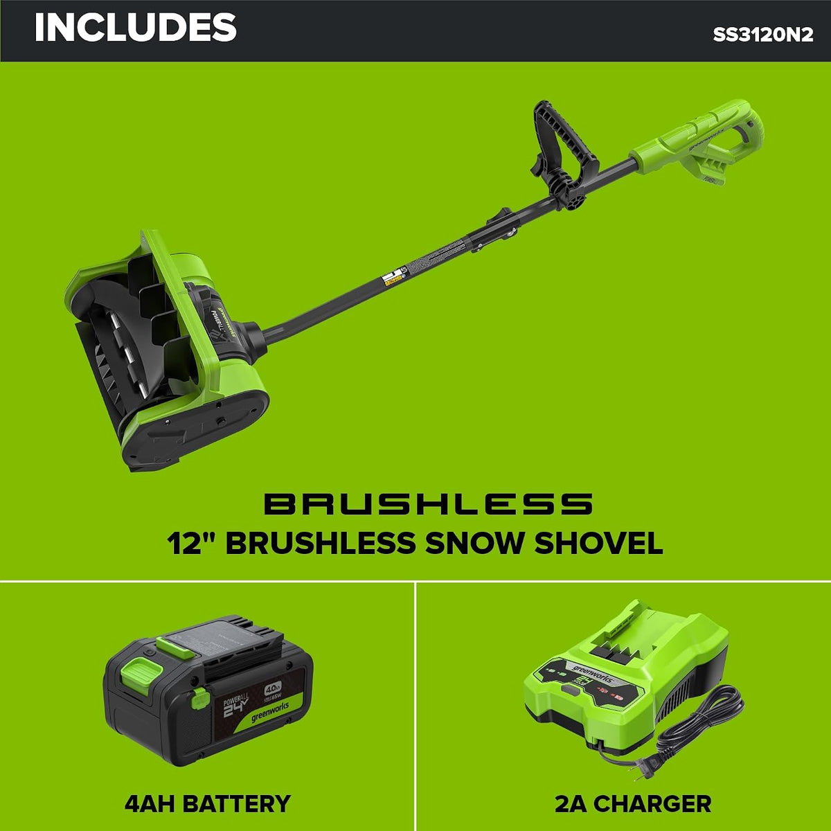 24V 12" Cordless Battery Snow Shovel with Directional Vanes: (1) 24V 4.0 Ah Battery, (1) 2A Charger