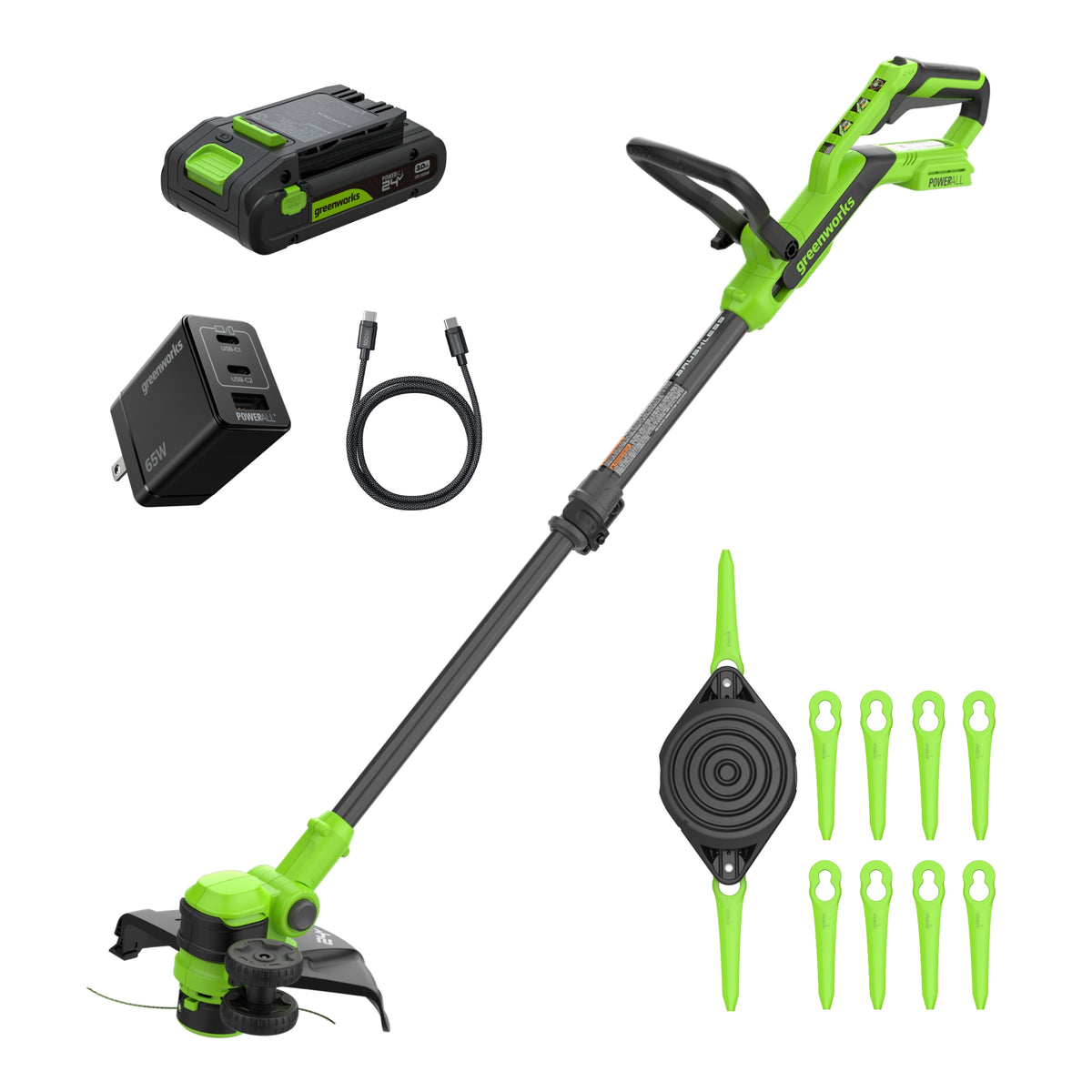 24V 12" Cordless Battery Brushless String Trimmer/Edger w/ 3.0Ah Battery & 65W Type-C Charger (3-FT Cable)