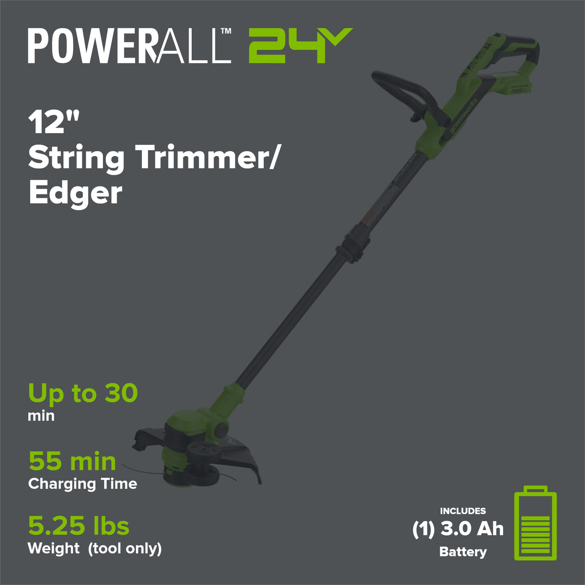 24V 12" Cordless Battery Brushless String Trimmer/Edger w/ 3.0Ah Battery & 65W Type-C Charger (3-FT Cable)