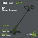 24V 12" Cordless Battery Brushless String Trimmer w/ 2.0Ah Battery & 30W Type-C Charger (3-FT Cable)