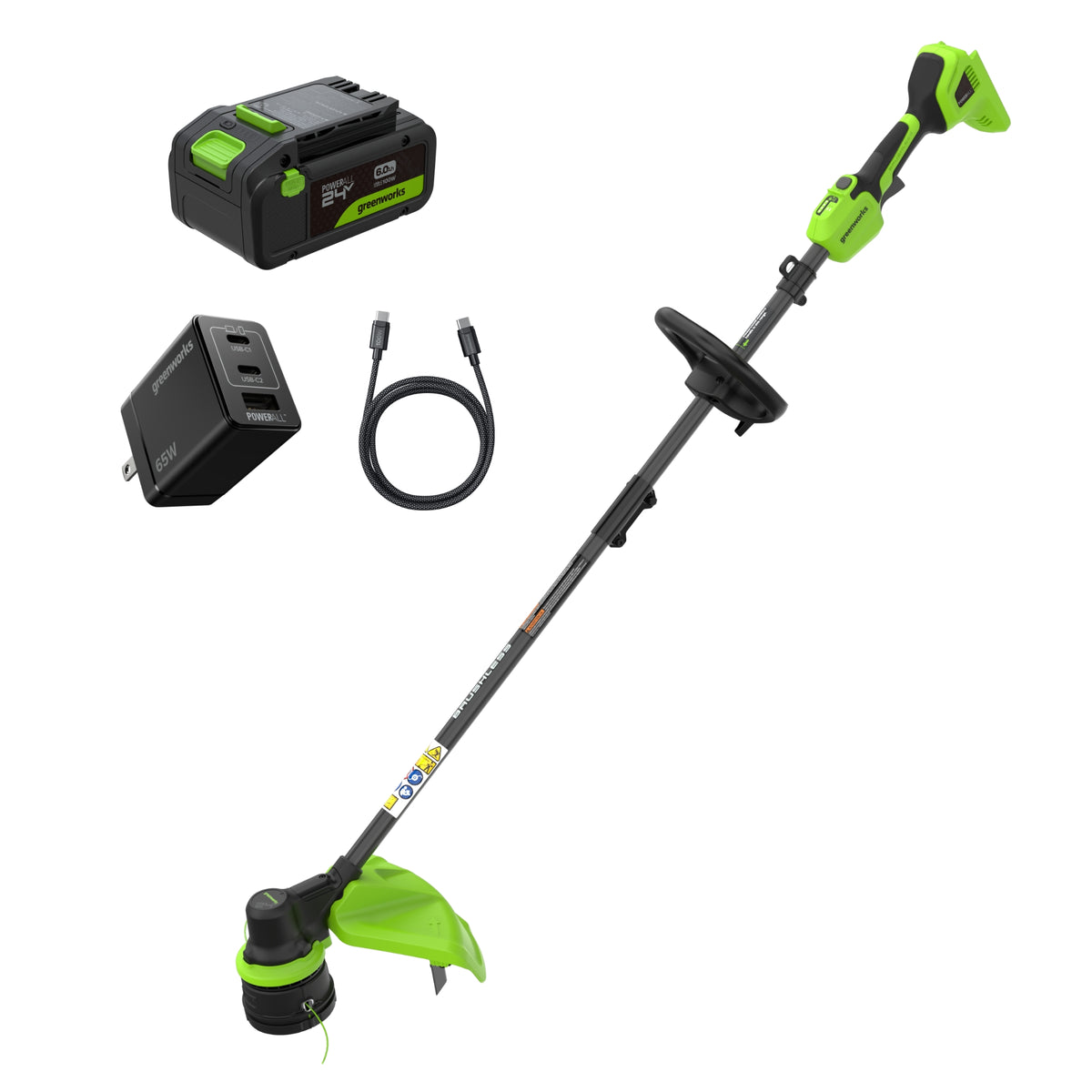 24V 15" Cordless Battery Brushless String Trimmer  w/ 6.0Ah Batteries and 65W Type-C Charger(3-Ft Cable)