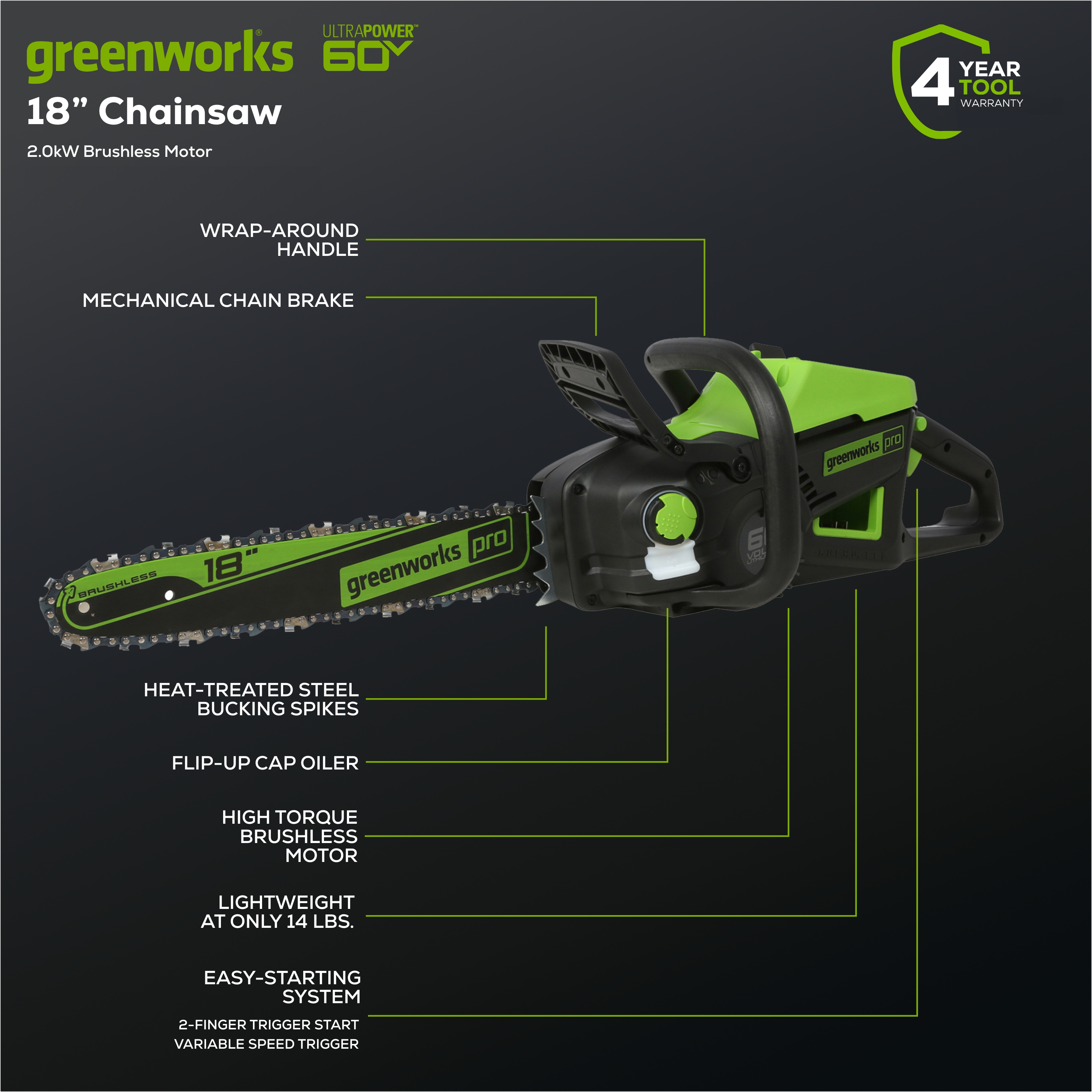 60V 18" Cordless Battery Chainsaw (Tool Only)
