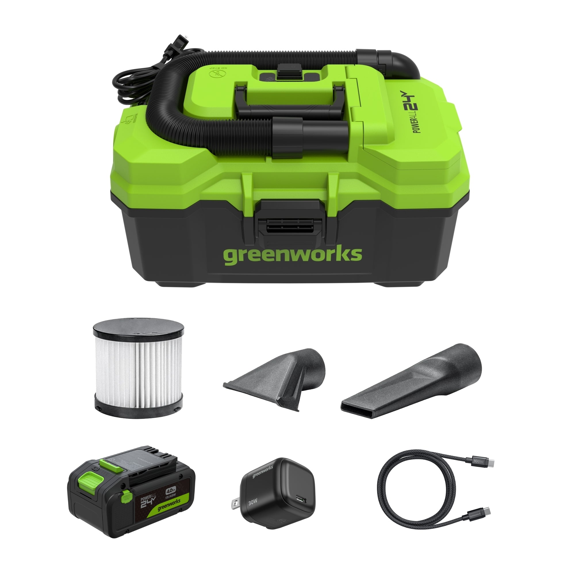 24V 3.5-Gal AC/DC Wet/Dry Vacuum: 4.0 Ah Type-C Battery and 30W Charger