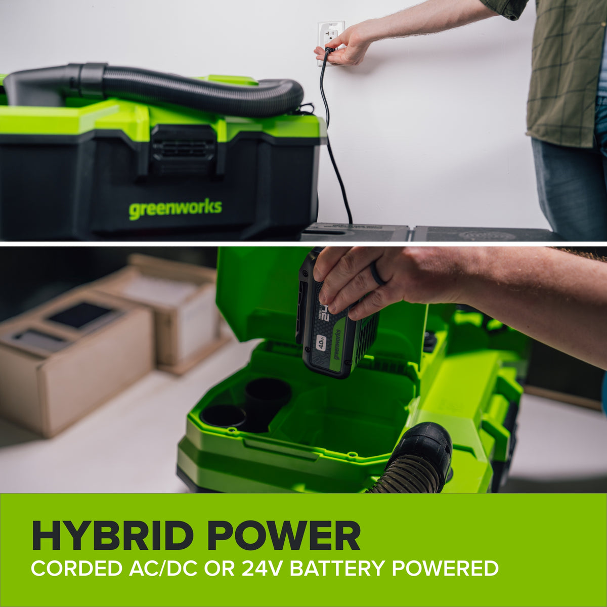 24V 3.5-Gal AC/DC Wet/Dry Vacuum: 4.0 Ah Type-C Battery and 30W Charger