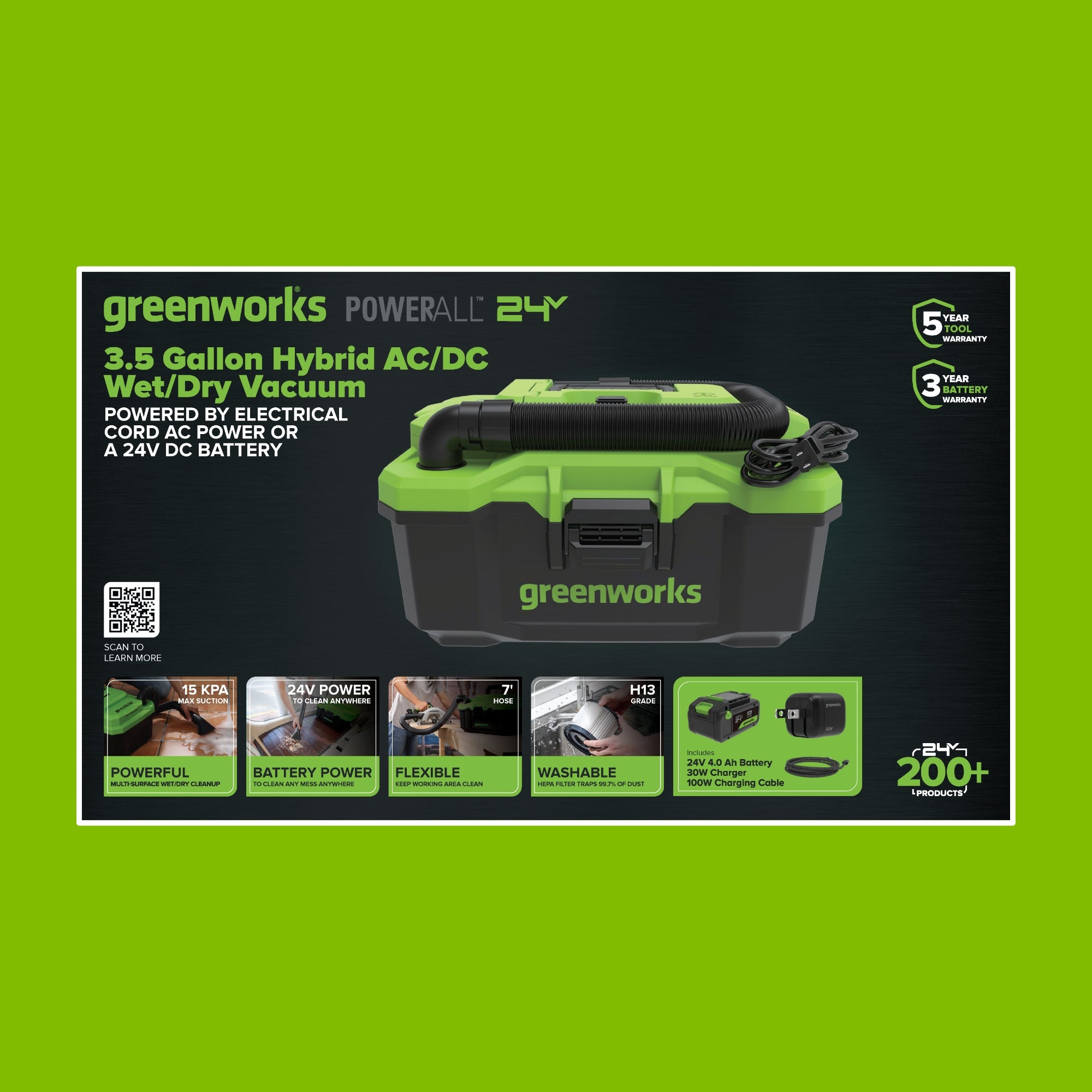 24V 3.5-Gal AC/DC Wet/Dry Vacuum: 4.0 Ah Type-C Battery and 30W Charger