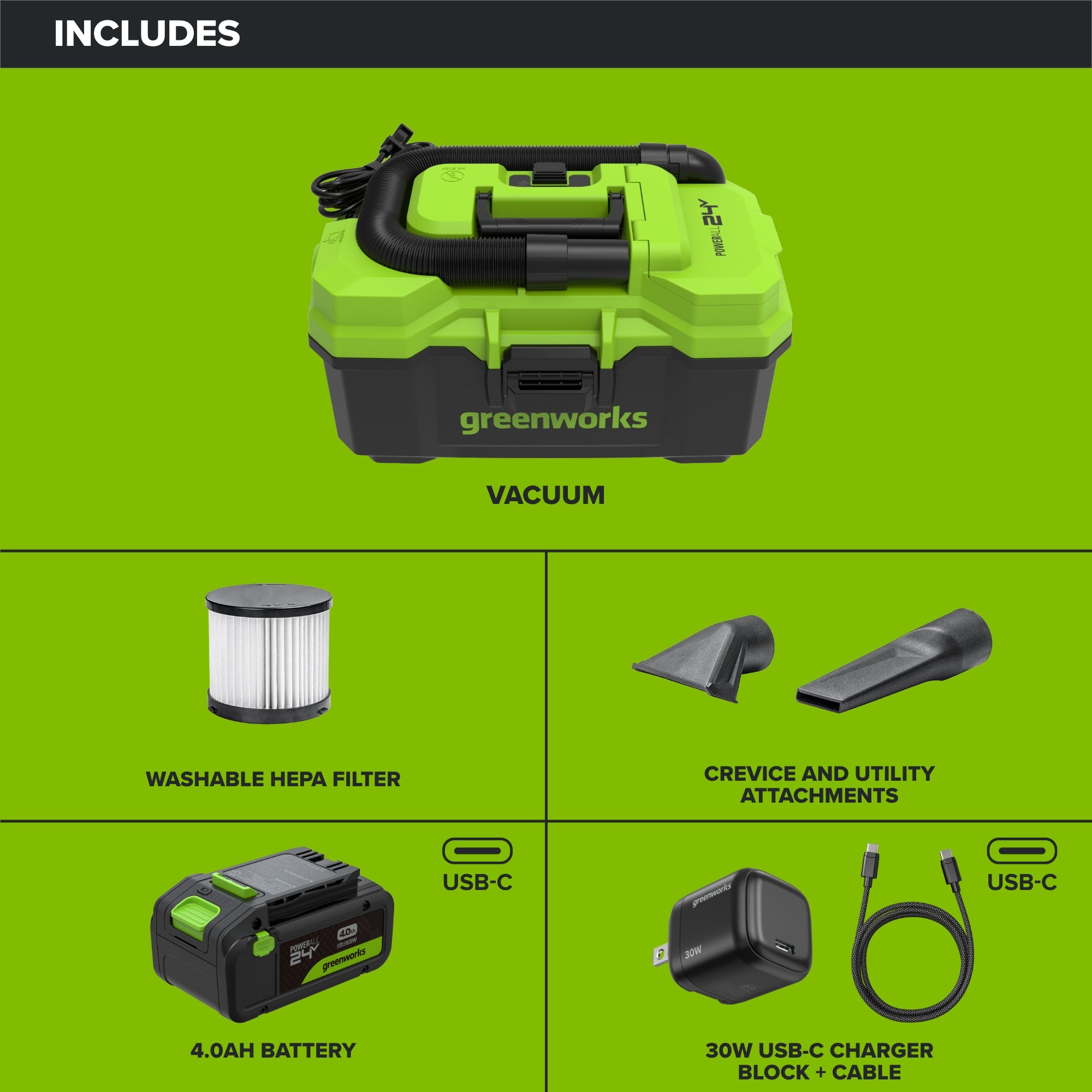 24V 3.5-Gal AC/DC Wet/Dry Vacuum: 4.0 Ah Type-C Battery and 30W Charger