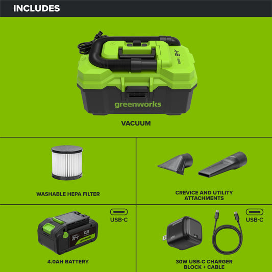 24V 3.5-Gal AC/DC Wet/Dry Vacuum: 4.0 Ah Type-C Battery and 30W Charger