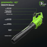 40V 550 CFM Cordless Battery Leaf Blower (Tool Only)