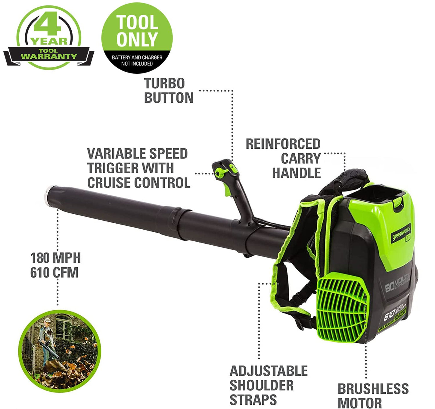 80V 610 CFM Cordless Battery Backpack Blower (Tool Only)