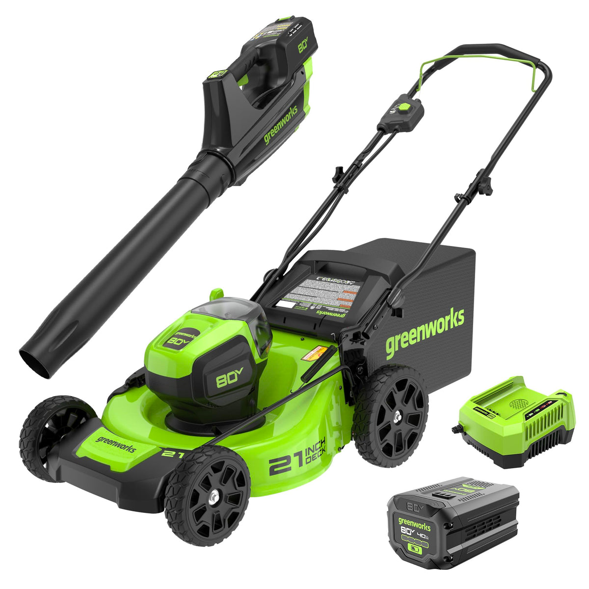 80V 21" Cordless Battery Brushless 3-in-1 Push Mower & 500CFM Axial Leaf Blower w/(2) 2.0Ah Batteries and Rapid Charger