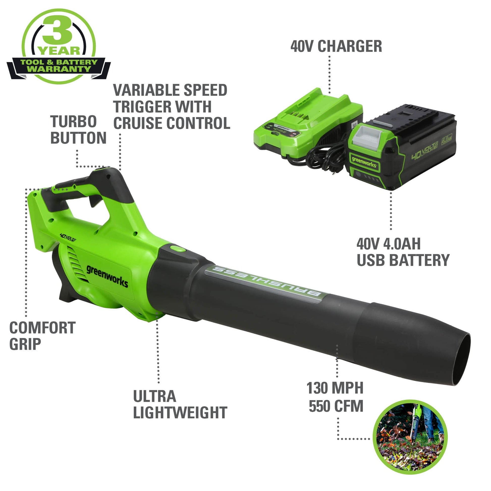 40V 550 CFM Brushless Leaf Blower & Battery