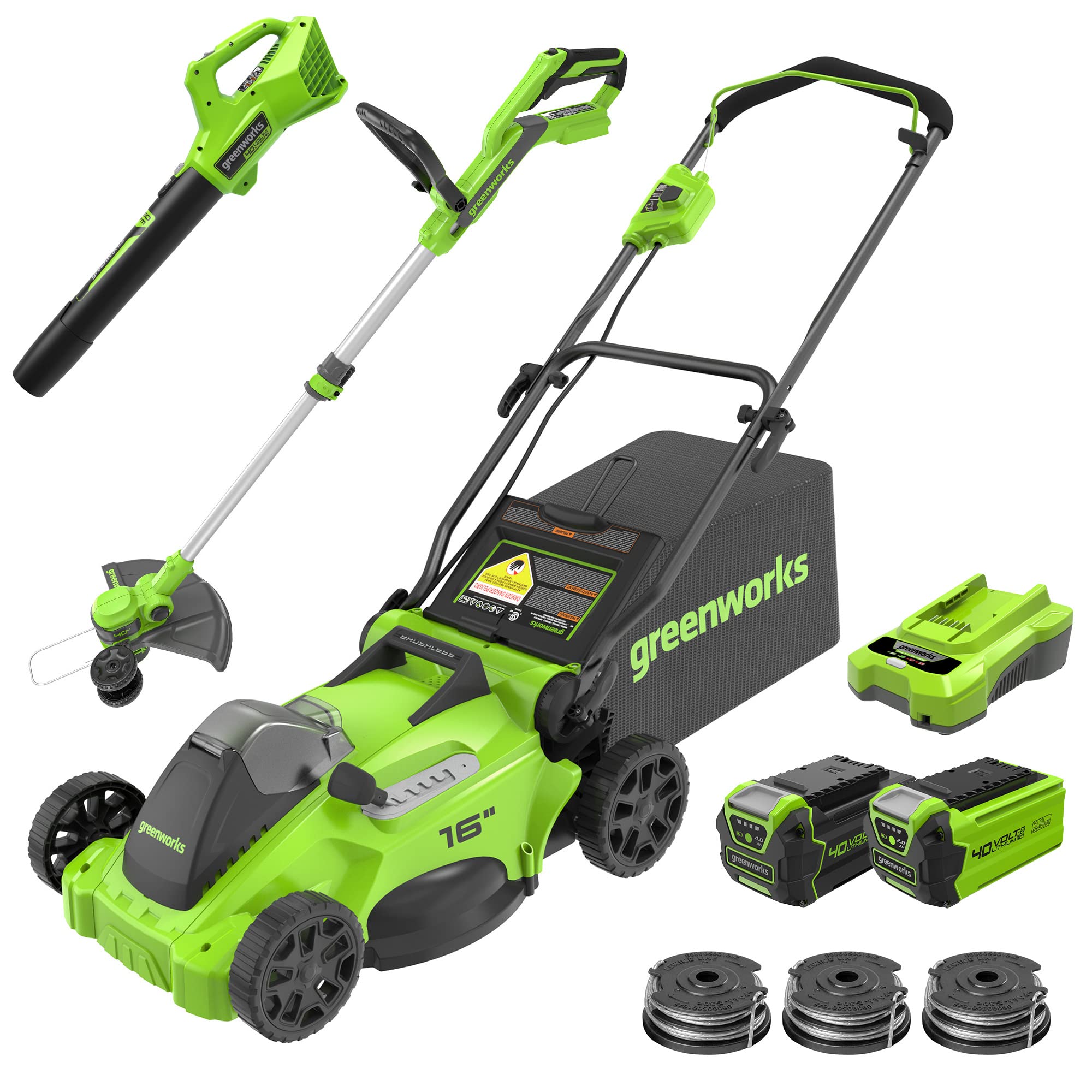 greenworkstools-40V 16 Cordless Battery Push Lawn Mower, 350CFM Blower & 13 String Trimmer Combo Kit w/ 4Ah Battery,2Ah Battery & Charger 