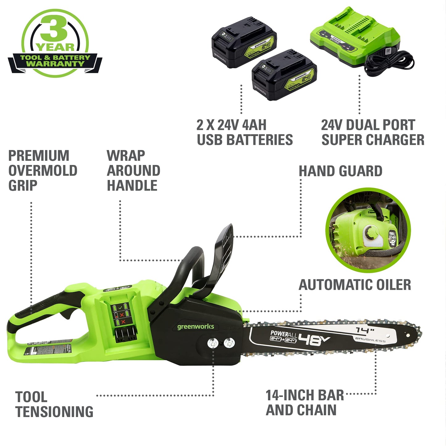 48V (2x24V) 14" Cordless Battery Chainsaw w/ Two (2) 4.0 Ah USB Batteries & Dual Port Charger