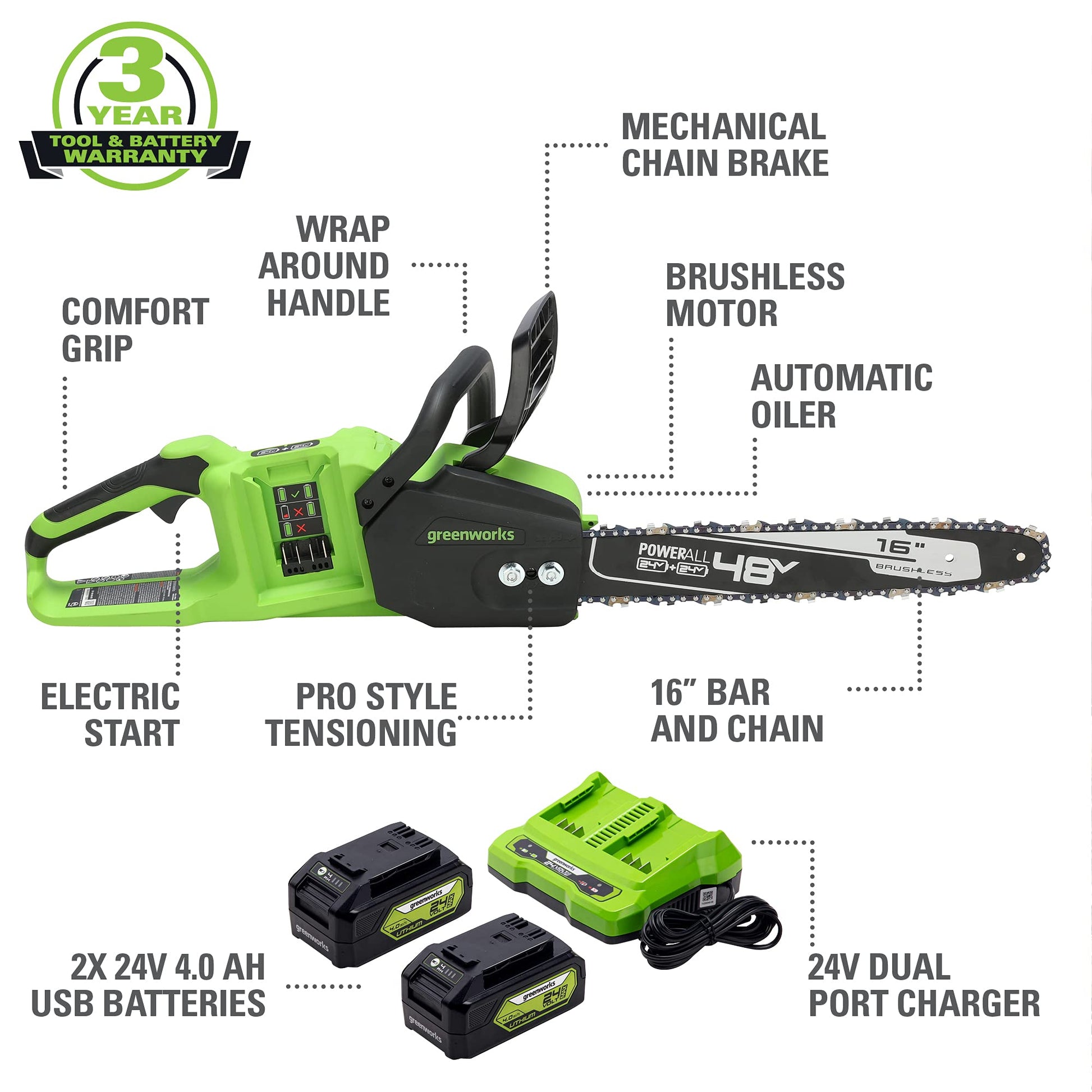 48V (24V x 2) 16" Cordless Battery Chainsaw w/ Two (2) 4.0Ah USB Batteries & Dual Port Charger