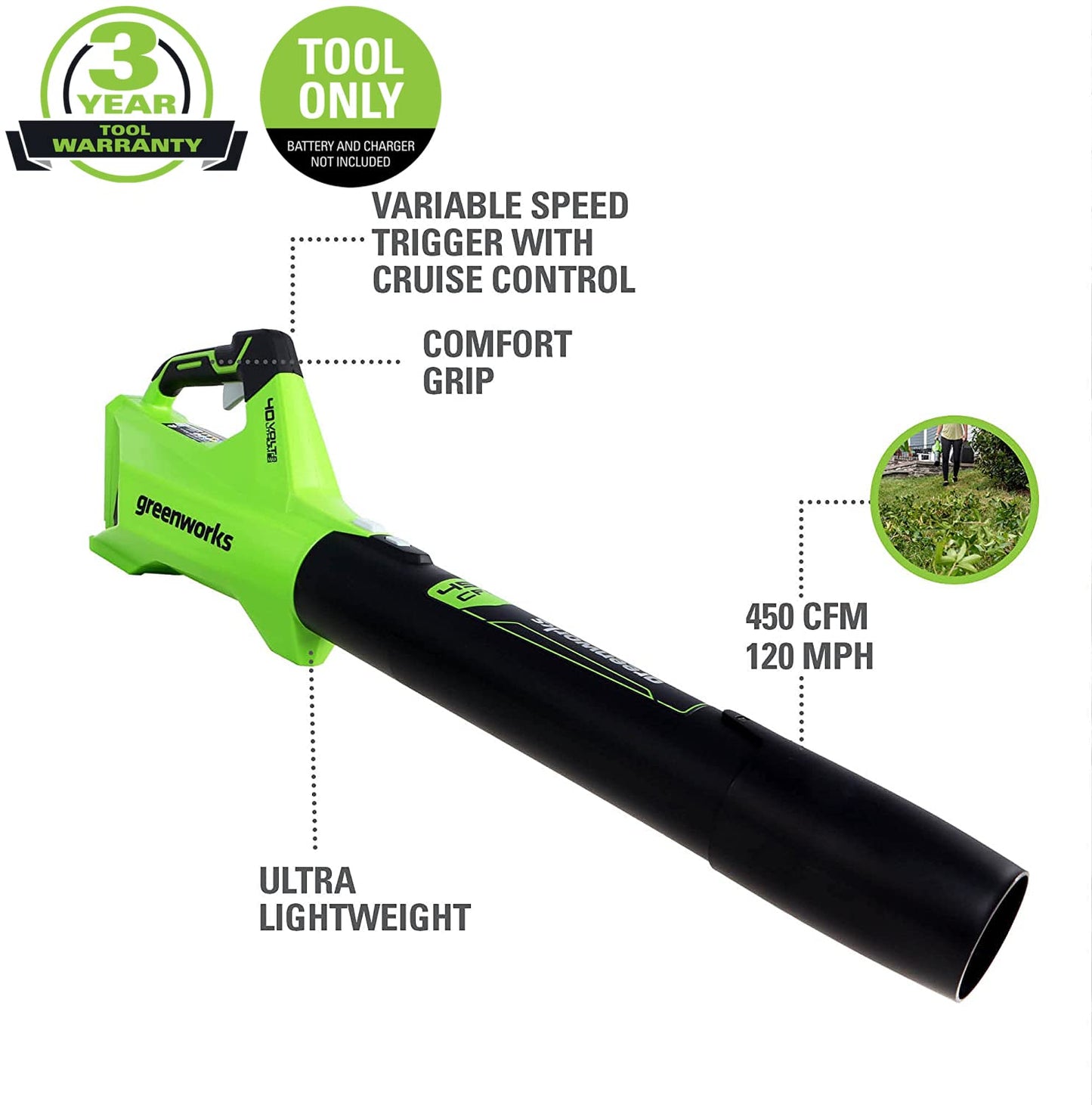 40V 450 CFM Cordless Battery Leaf Blower (Tool Only)