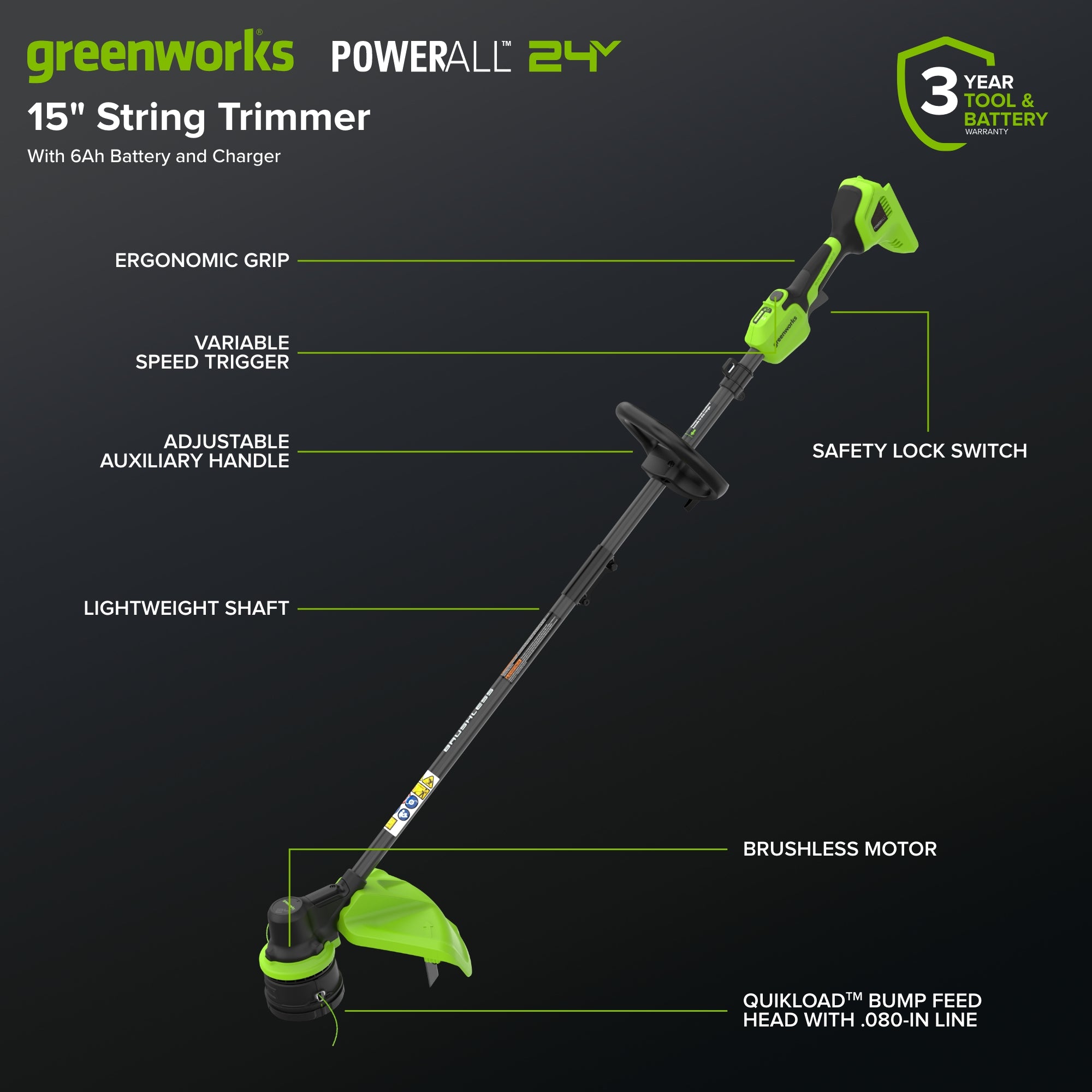 24V 15" Cordless Battery Brushless String Trimmer  w/ 6.0Ah Batteries and 65W Type-C Charger(3-Ft Cable)