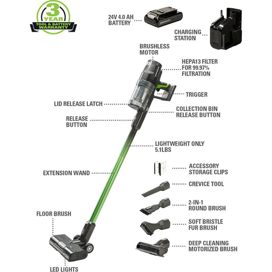 24V Cordless Green Stick Vacuum 3-in-1 Bundle w/ Two (2) 4.0Ah Batteries & Charging Stand