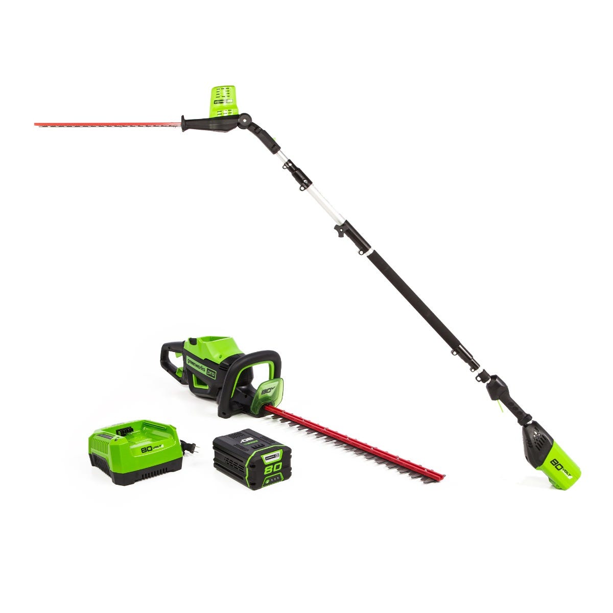 80V 24" Cordless Battery Hedge Trimmer & 20" Pole Hedge Trimmer Combo Kit w/ 2.0 Ah USB Battery & Charger