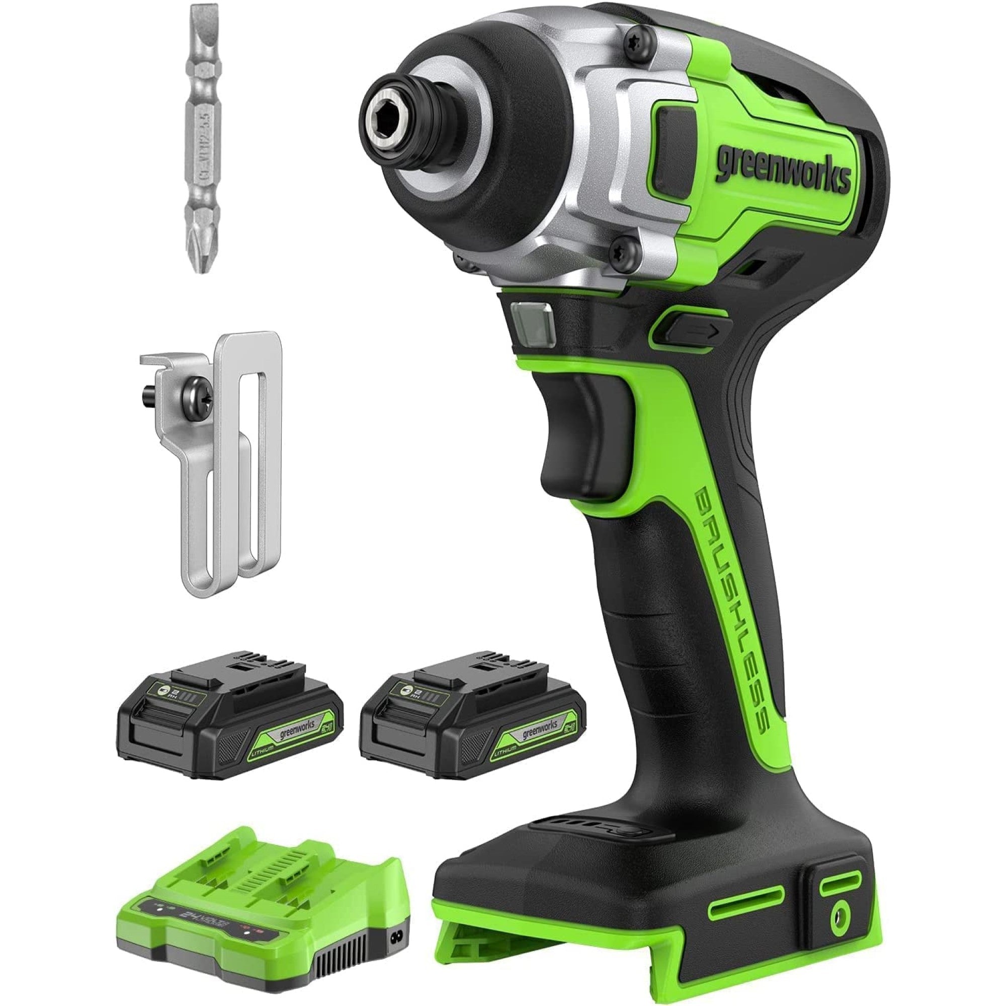 24V 1/4" 2650 in/lbs Brushless Impact Driver Kit w/ (2) 2 Ah USB Batteries, Dual Port Charger and Bits