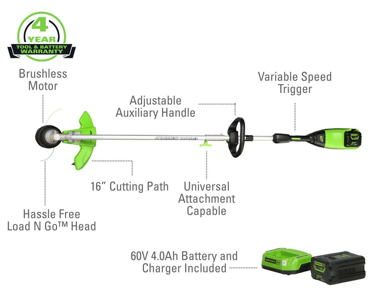60V 16" Cordless Battery String Trimmer (Attachment Capable) & 10" Polesaw Attachment Combo Kit w/ 4.0 Ah Battery & Charger