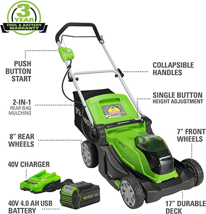 40V 17" Cordless Push Lawn Mower & 390 CFM Blower Combo Kit w/ 4.0Ah USB Battery and Charger