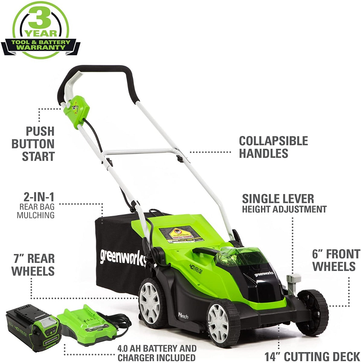 40V 14" Cordless Battery Push Lawn Mower w/ 4.0Ah Battery & Charger