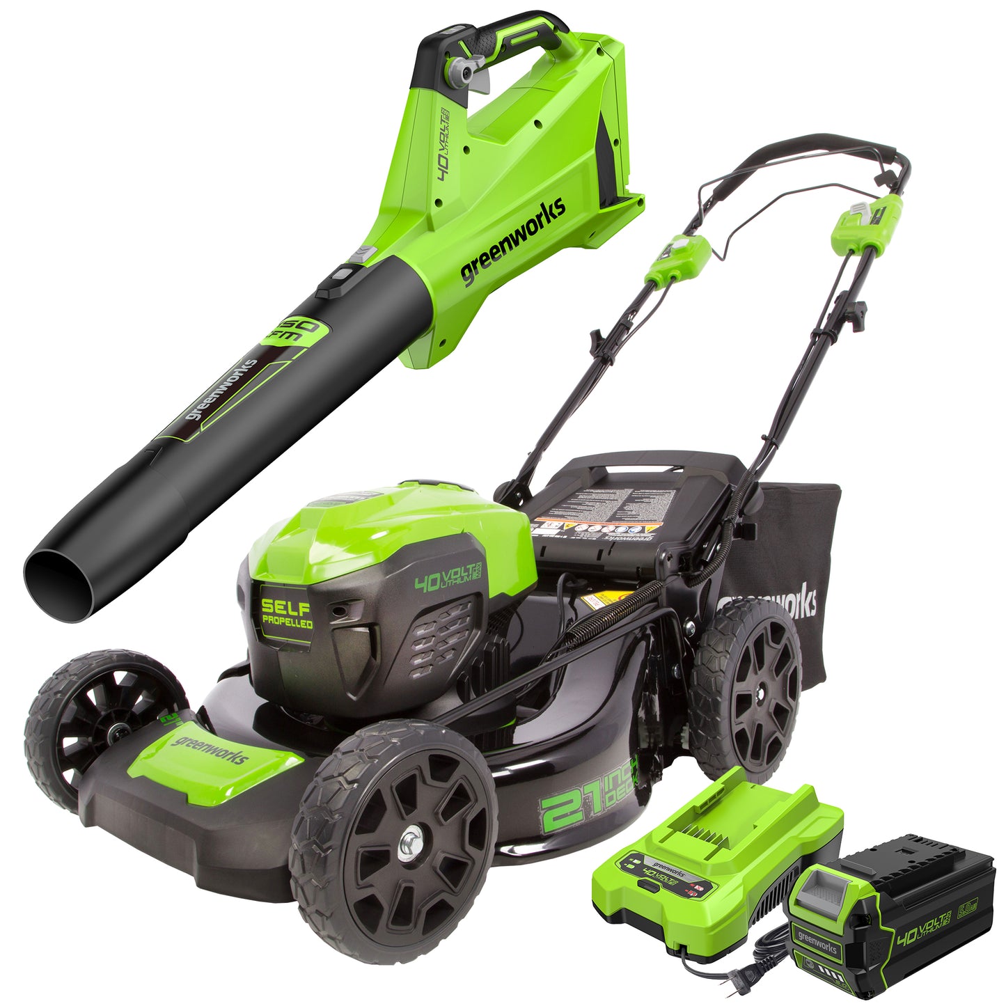 40V 21" Self-Propelled Mower & 450CFM Axial Blower Combo Kit w/ 5.0Ah USB Battery & Charger