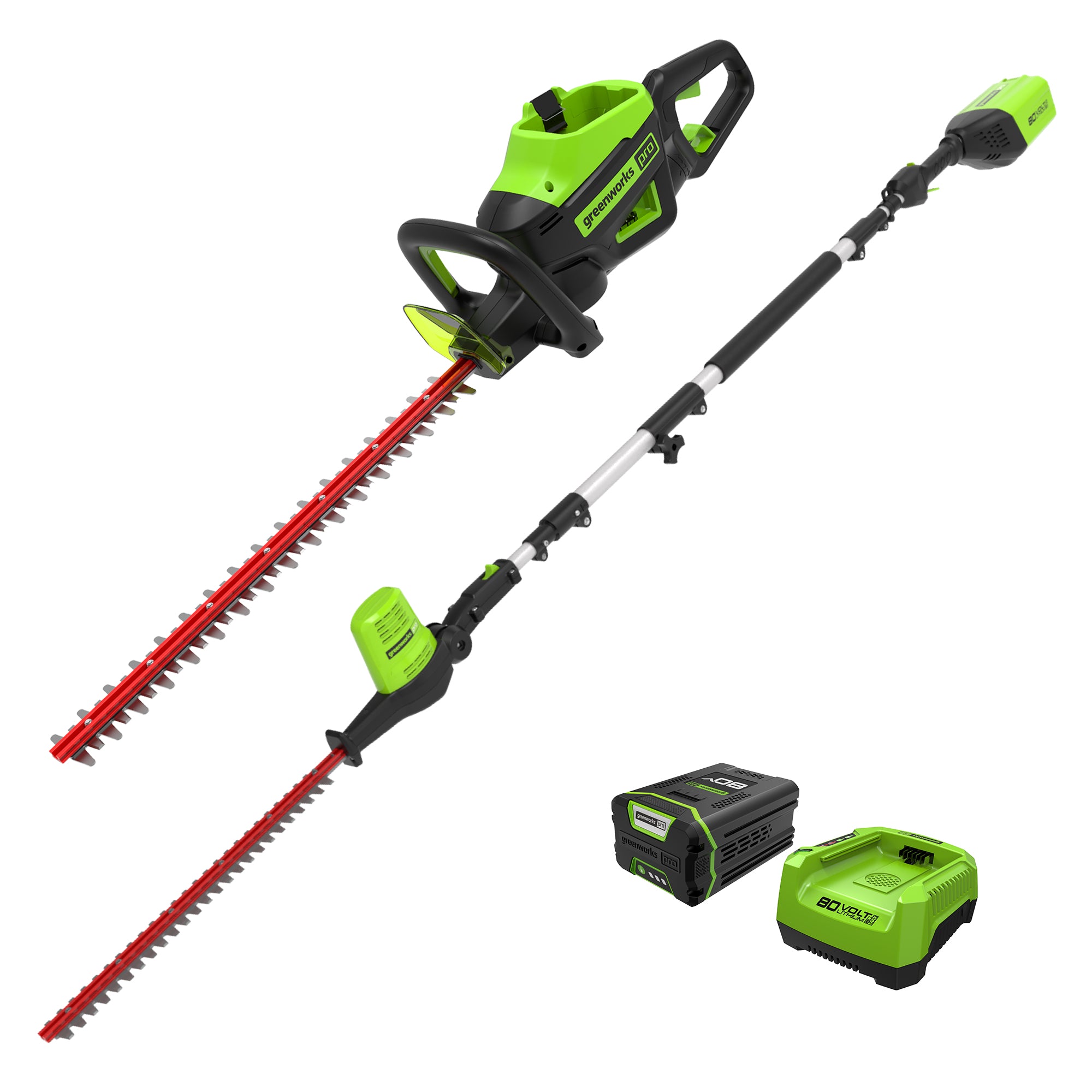 80V 24" Cordless Battery Hedge Trimmer & 20" Pole Hedge Trimmer Combo Kit w/ 2.0 Ah USB Battery & Charger