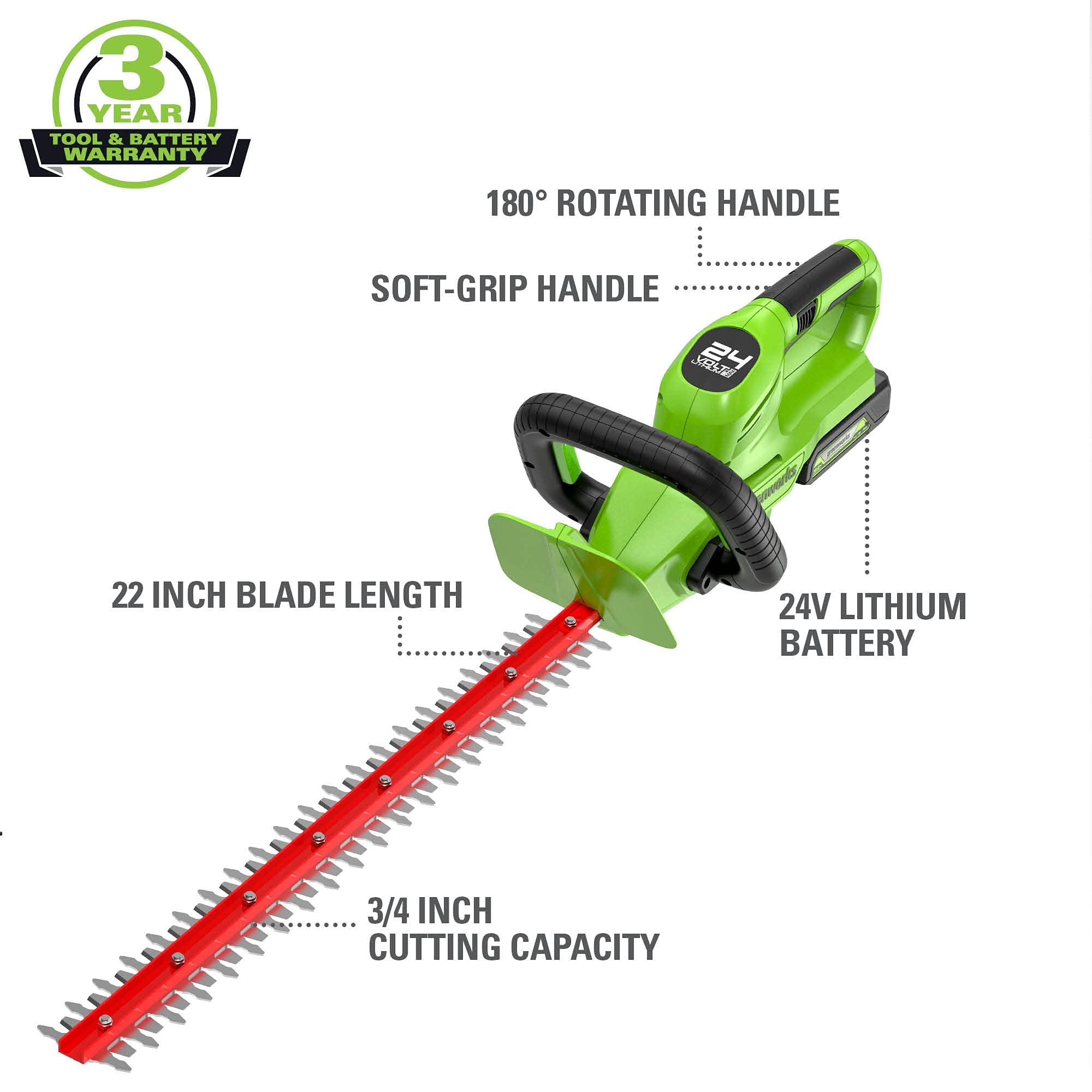 24V 22" Cordless Battery Rotating Handle Hedge Trimmer (Tool Only)