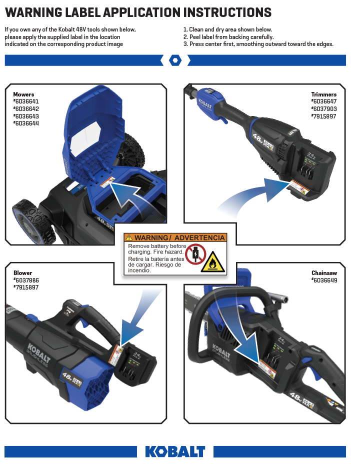 Warning label application instructions for applicable Kobalt 48V mowers, trimmers, blowers, and chainsaws